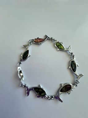 Dolphin Link Bracelet, Multicolor Inlay, Silvertone (size 7.5”)
